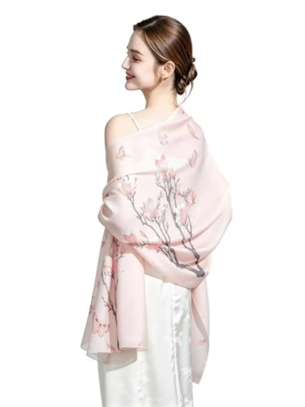 100% Mulberry Silk Floral Scarf – Lightweight Shawl Wrap, Oversized 70x21